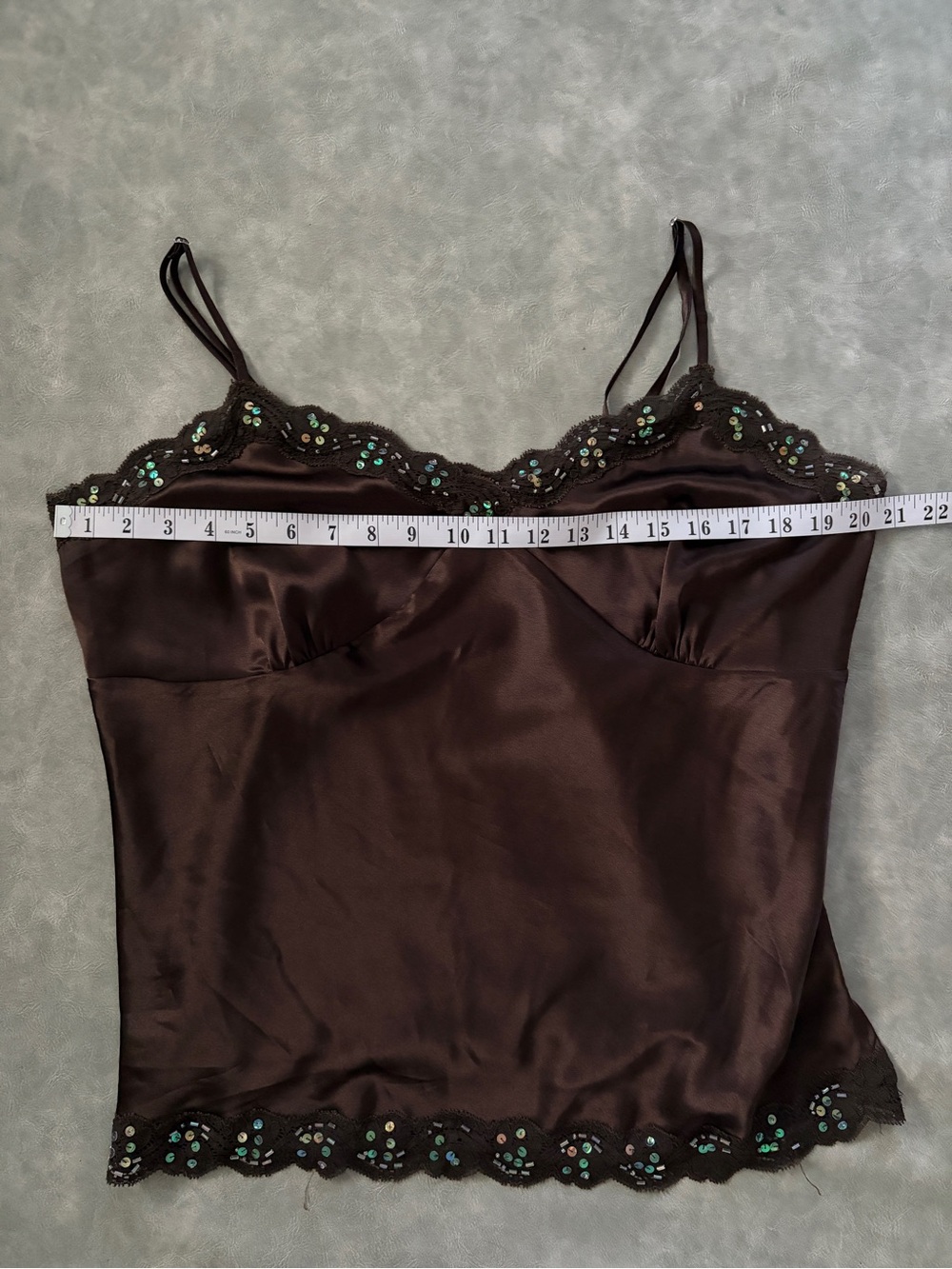 Y2K Chocolate Brown Satin Lace Sequin Beaded Girly Camisole - Picture 9 of 12